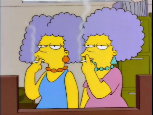 The "Simpsons" characters Patty and Selma smoking cigarettes with bored looks on their faces