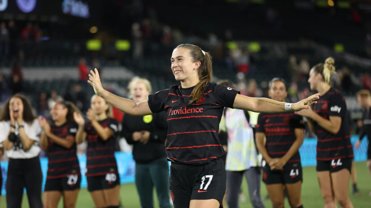 Sam Coffey celebrates her first goal in front of the Rose City Riveters in September, 2022. Photo via Craig Mitchelldyer/ Portland Thorns FC